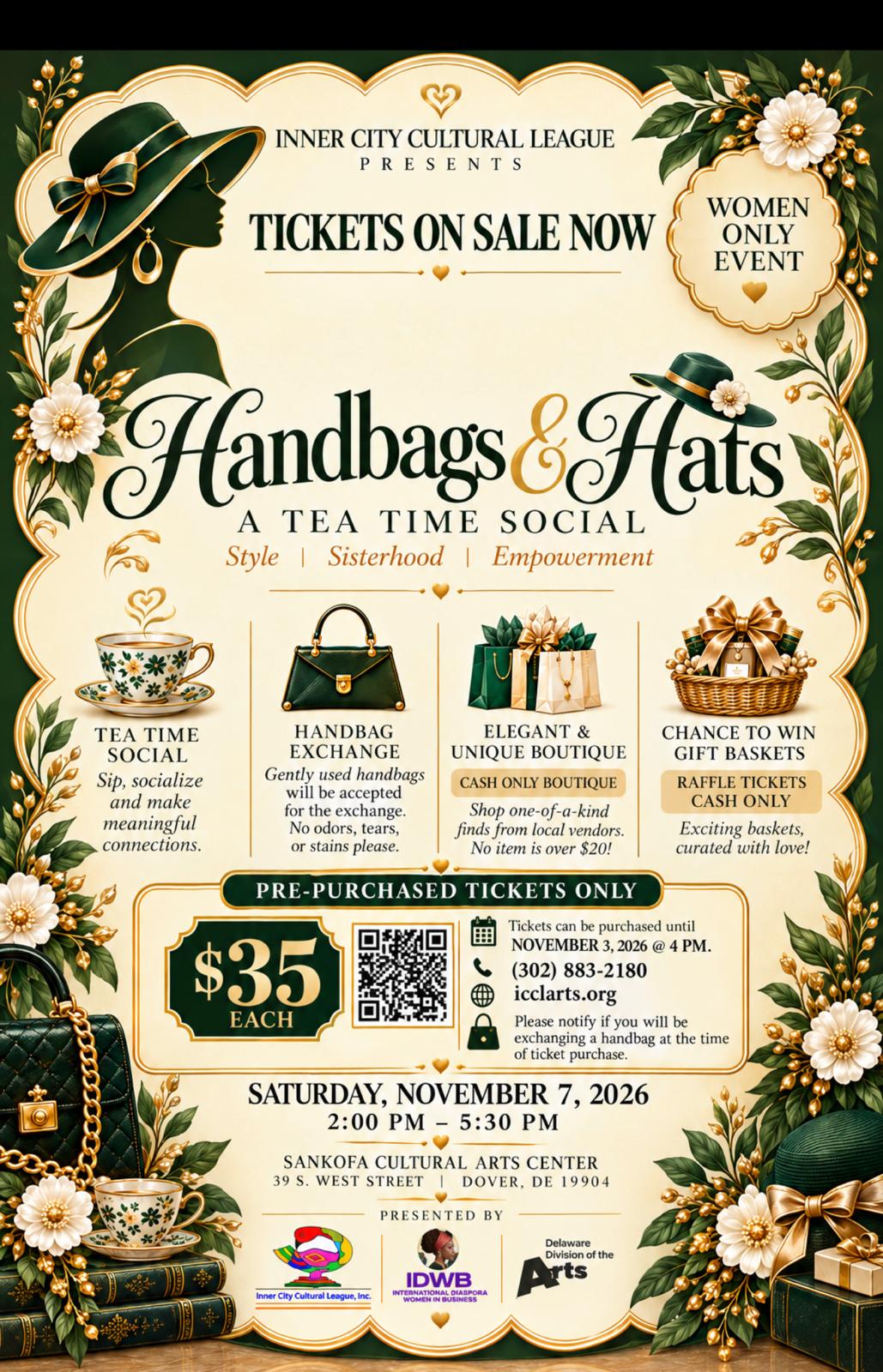 Handbags & Hats — A Tea Time Social event flyer